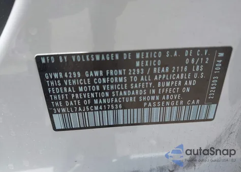 2012 Volkswagen Jetta 2.0L Tdi из США, поврежденный, VIN 3VWLL7AJ5CM417536